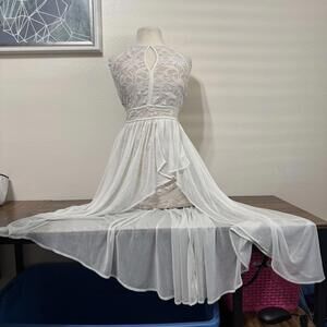 Morgan & Co White Lace Overlay Dress with Sheer Draped Overlay Size 5/6